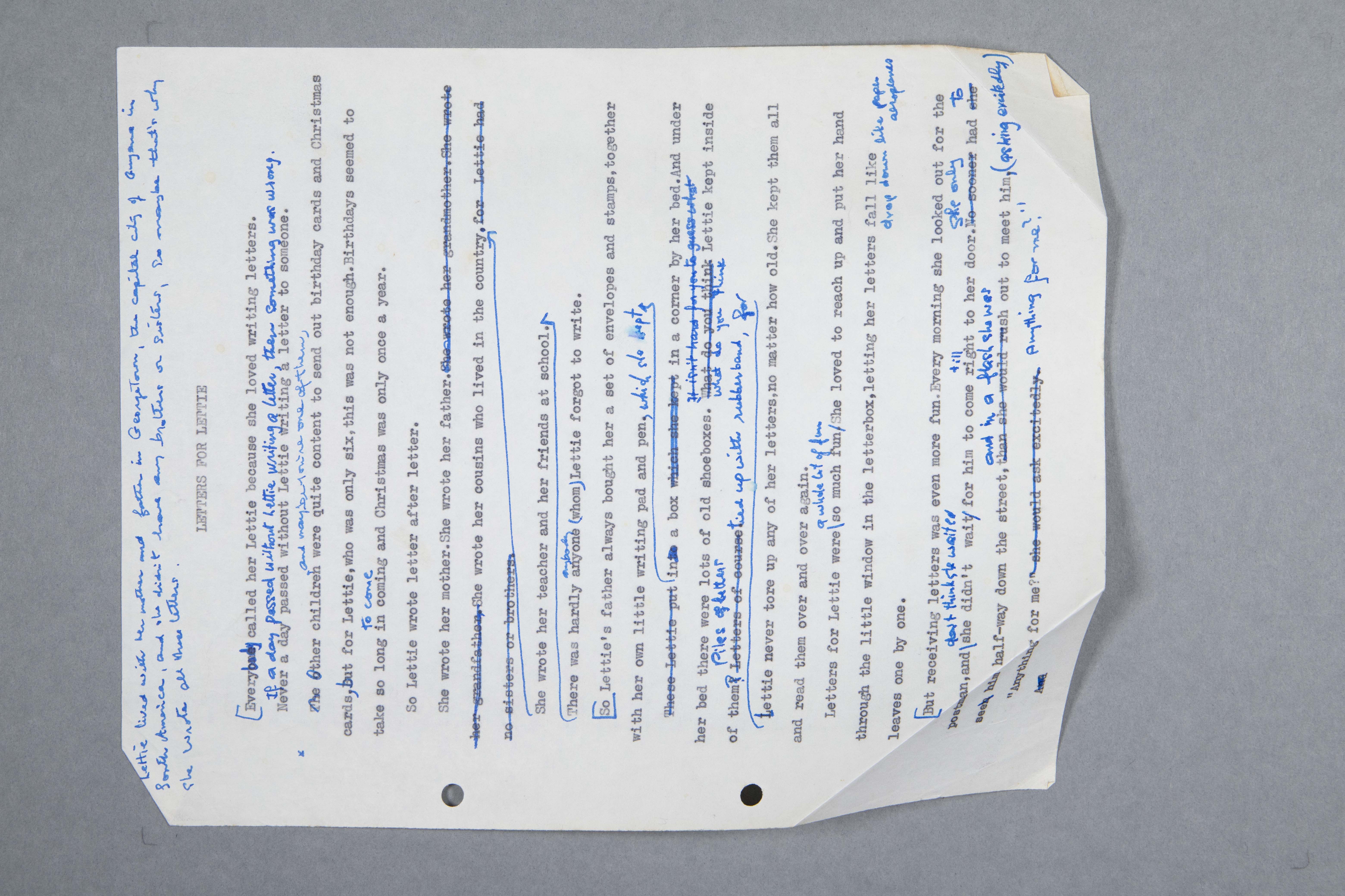 A typed draft from Letters for Lettie (1978), including manuscript corrections, additions, and deletions in blue ink.