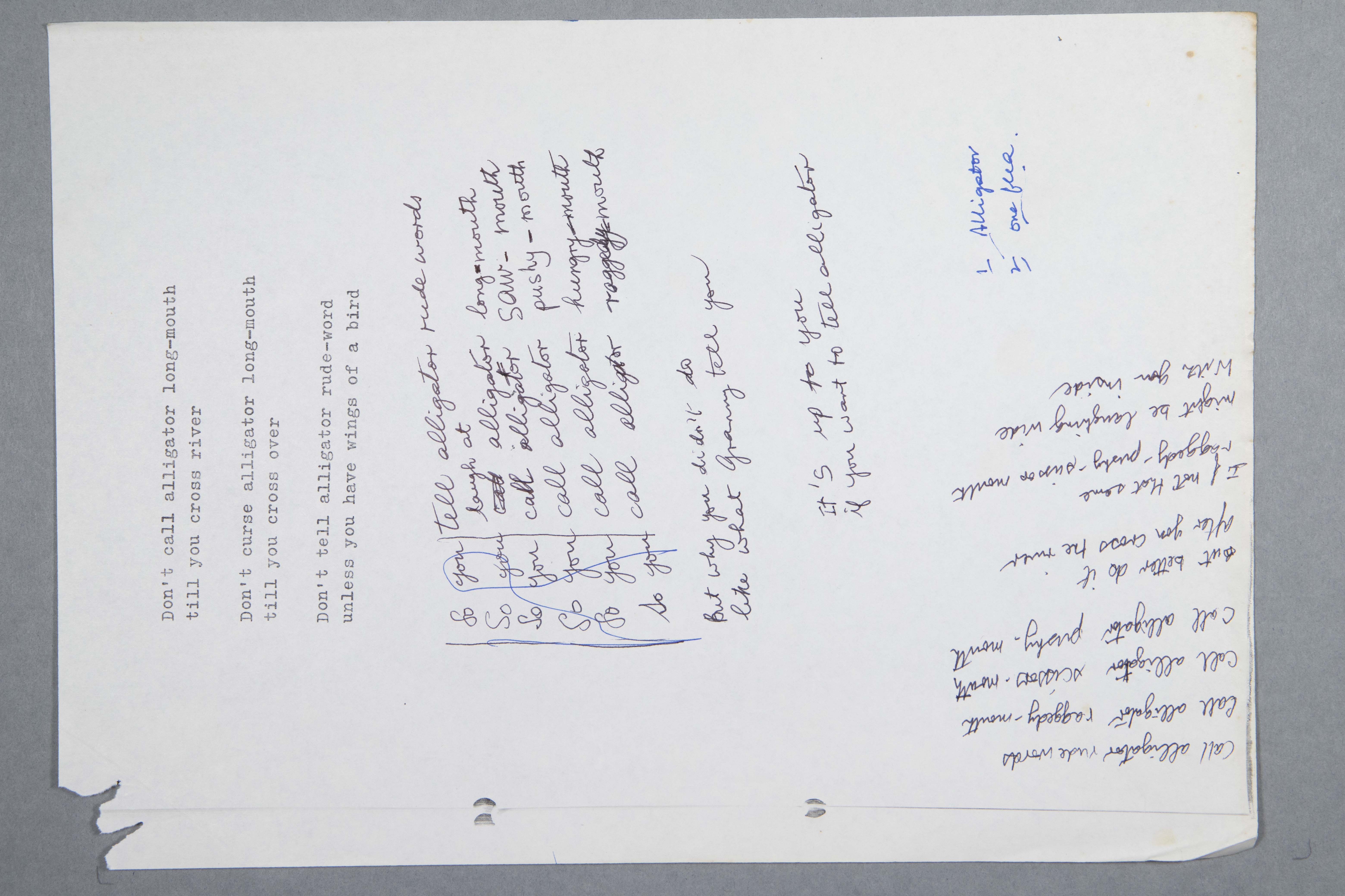 A typed draft of the poem 'Don't call an Alligator Long-Mouth Till you Cross the River' including numerous alternatives in multiple directions, part of a collection of drafts for 'Say it Again, Granny' (1986).